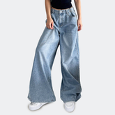 Benimeria-Womens High waist Jeans Slant Pocket Wide Leg Denim Pants