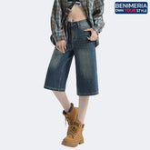 Benimeria-Vintage Hong Kong-style black denim cropped pants - relaxed straight-leg midi length, spring/summer women's fashion
