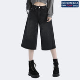 Benimeria-Vintage Hong Kong-style black denim cropped pants - relaxed straight-leg midi length, spring/summer women's fashion