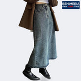 Benimeria-Designer Cargo Long A-Line Denim Skirt Fake Pocket Denime Skirts