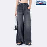 Benimeria-Women's High Waist Jeans SolidWaist Adjusting Buckle Wide LegDenim Jeans-Dark Grey Jeans