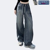 Benimeria-Womens Drawstring High Waisted Jean Wide Leg Denim Streetwear Pant