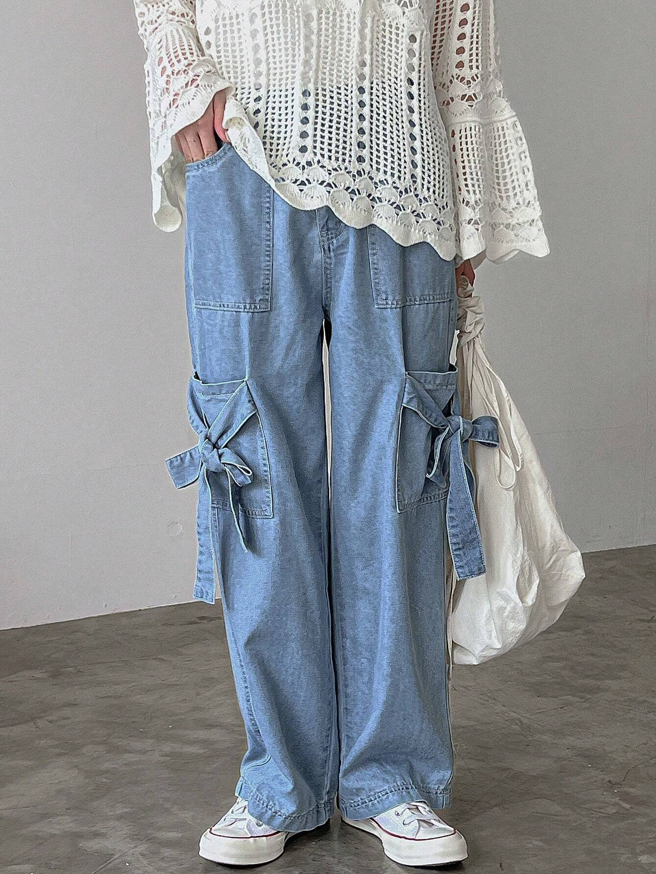 Benimeria-Womens Fashionable Cargo jeans Solid Color Loose Fit Denim Pant