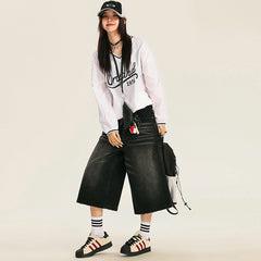 Benimeria-American-style retro loose washed and distressed cropped pants, high street style wide-leg pants with a sense of design.