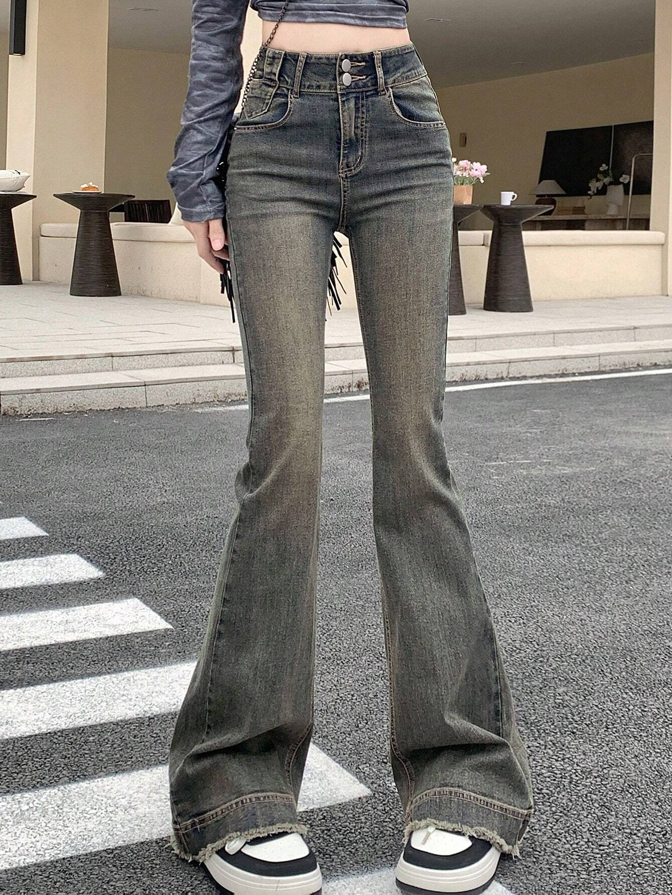 Benimeria-Womens High Waisted Flared Jeans Split Denim Pants