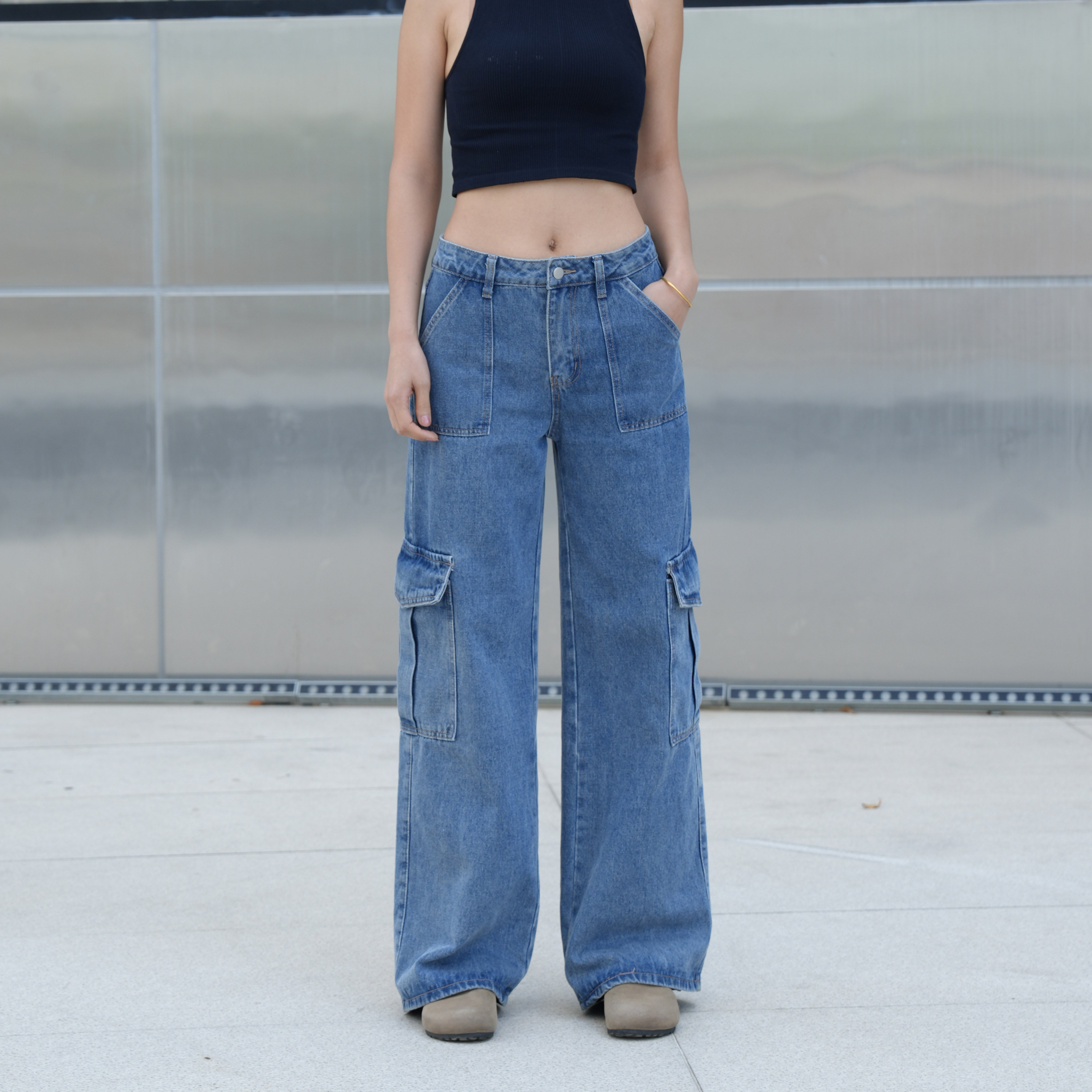 Benimeria-Womens Flip Pocket Loose Wide Leg Jeans