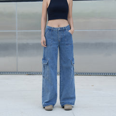 Benimeria-Womens Flip Pocket Loose Wide Leg Jeans