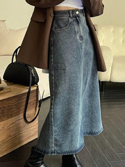 Benimeria-Designer Cargo Long A-Line Denim Skirt Fake Pocket Denime Skirts