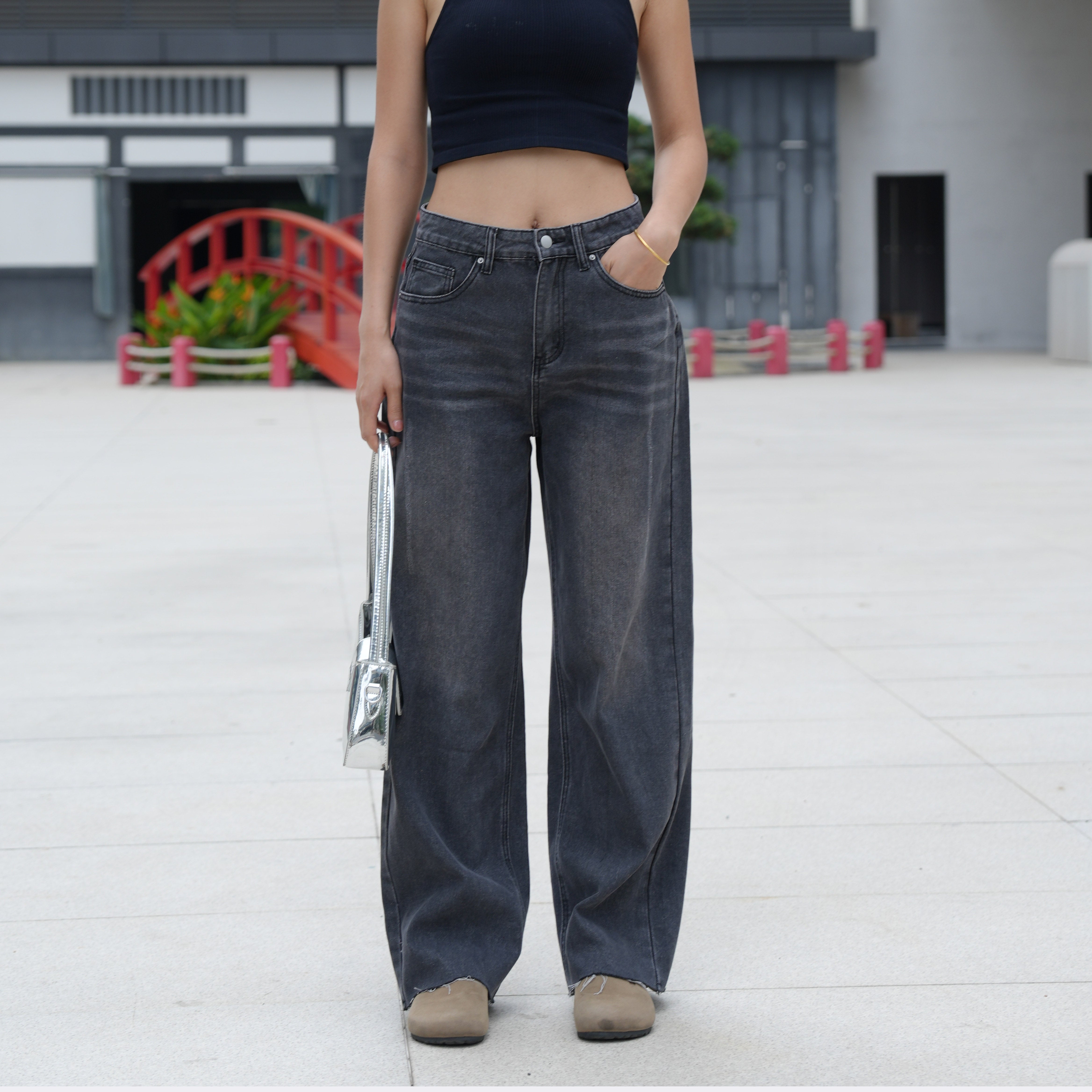 Benimeria-Womens High Wais Jeans twide leg Straight Streetwear Leg Denim Pants