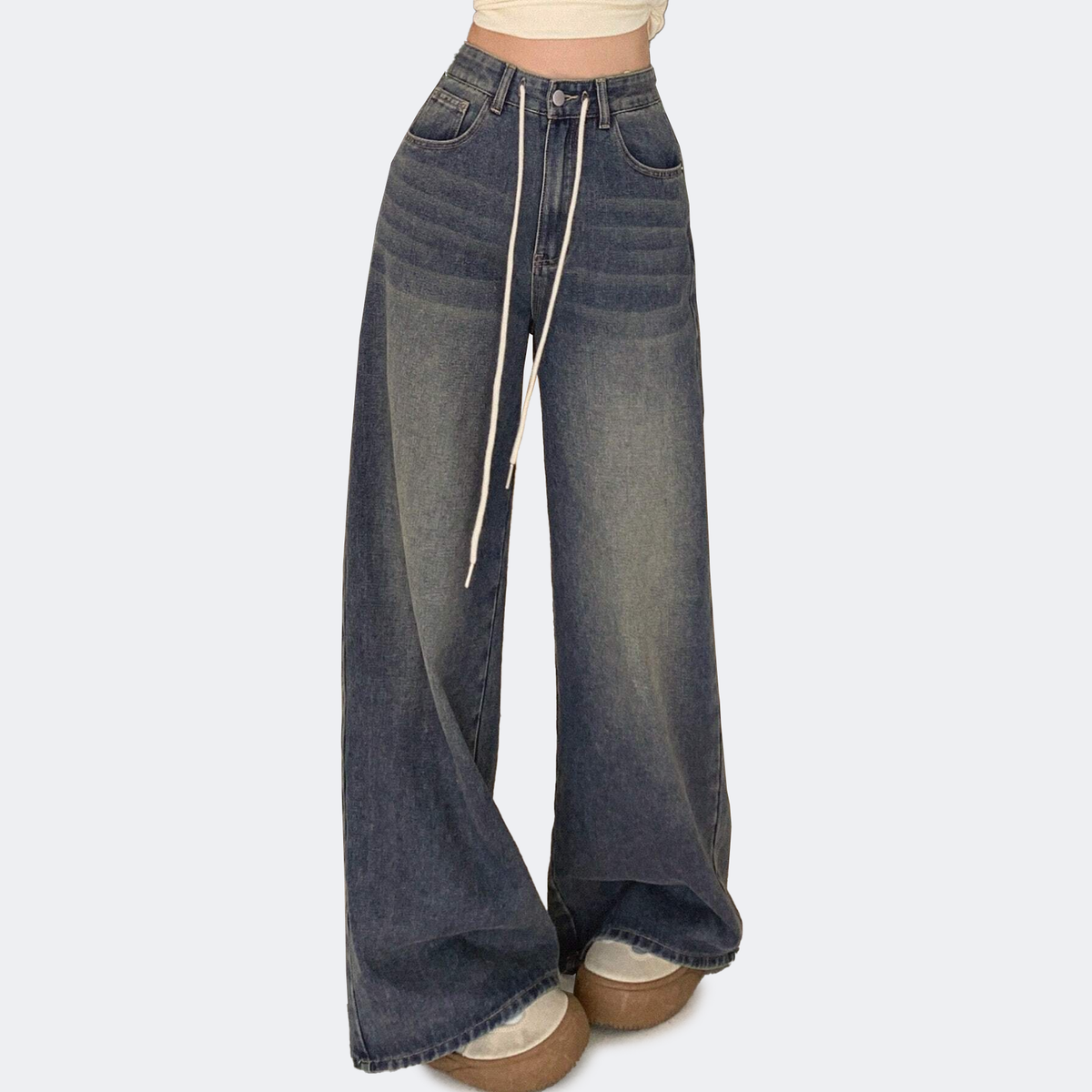 Benimeria-Womens Drawstring Waist Wide Leg Jeans