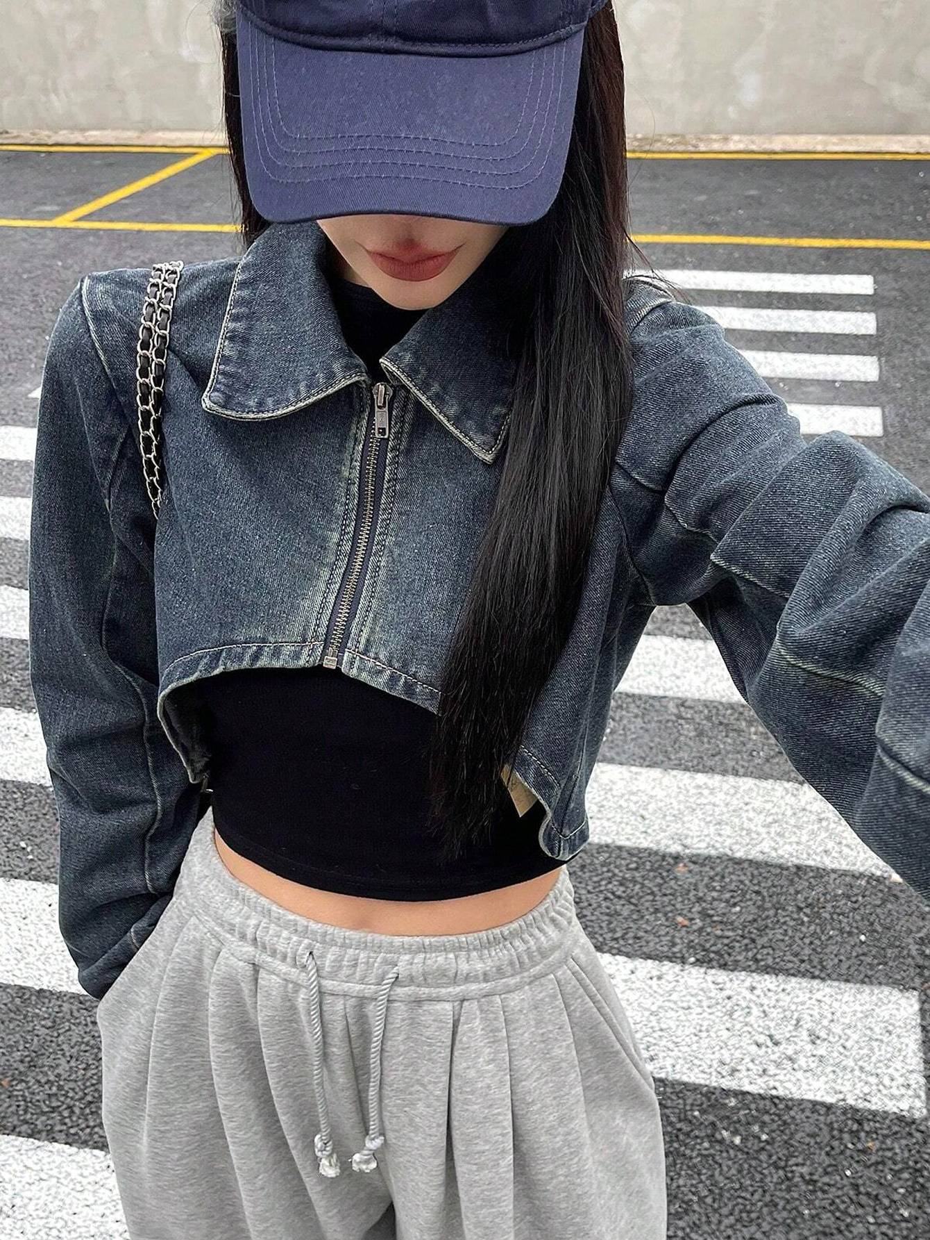 Benimeria-Designer Women_s Zipper Front Cropped Denim Jacket
