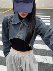 Benimeria-Designer Women_s Zipper Front Cropped Denim Jacket
