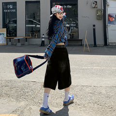 Benimeria-American-style retro loose washed and distressed cropped pants, high street style wide-leg pants with a sense of design.