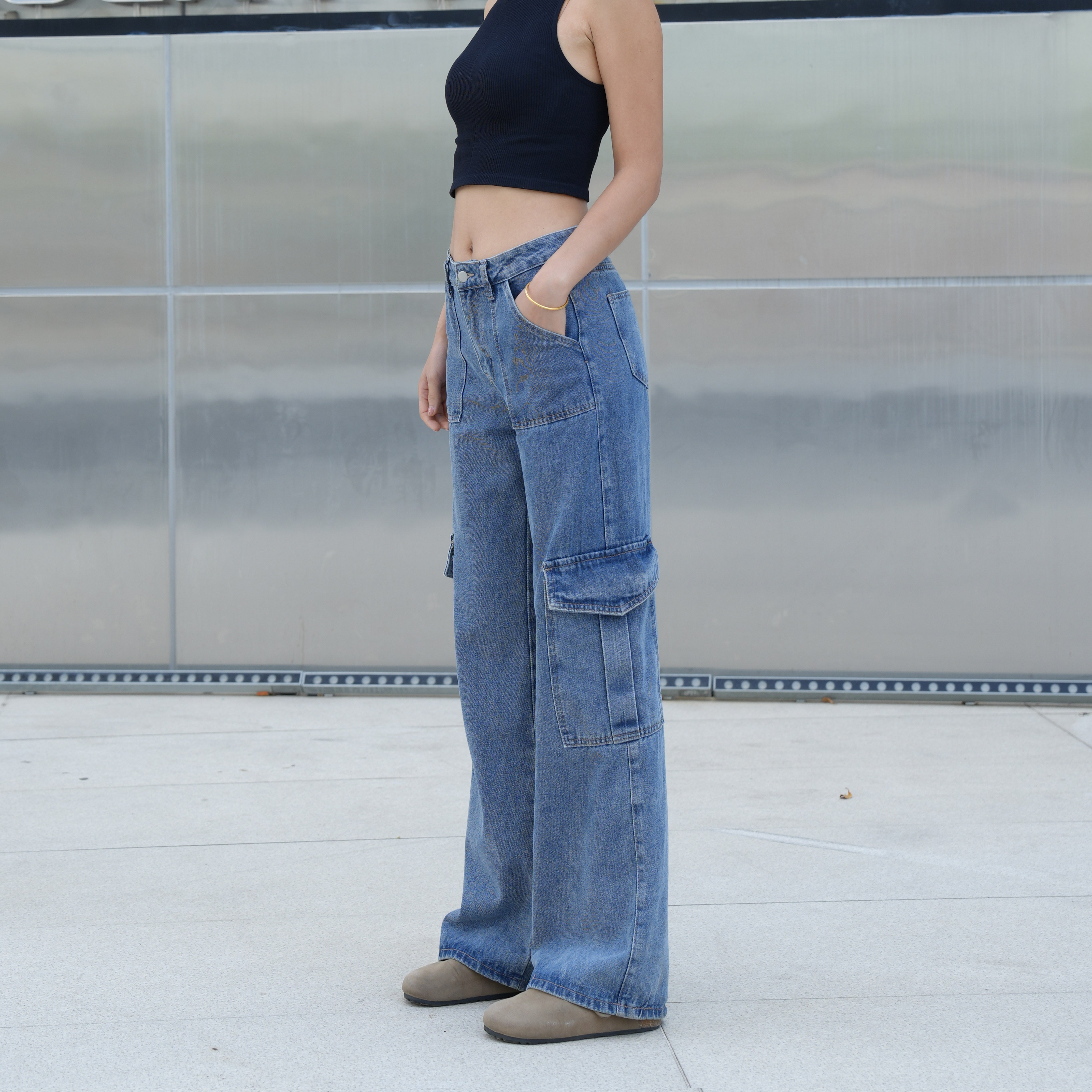 Benimeria-Womens Flip Pocket Loose Wide Leg Jeans