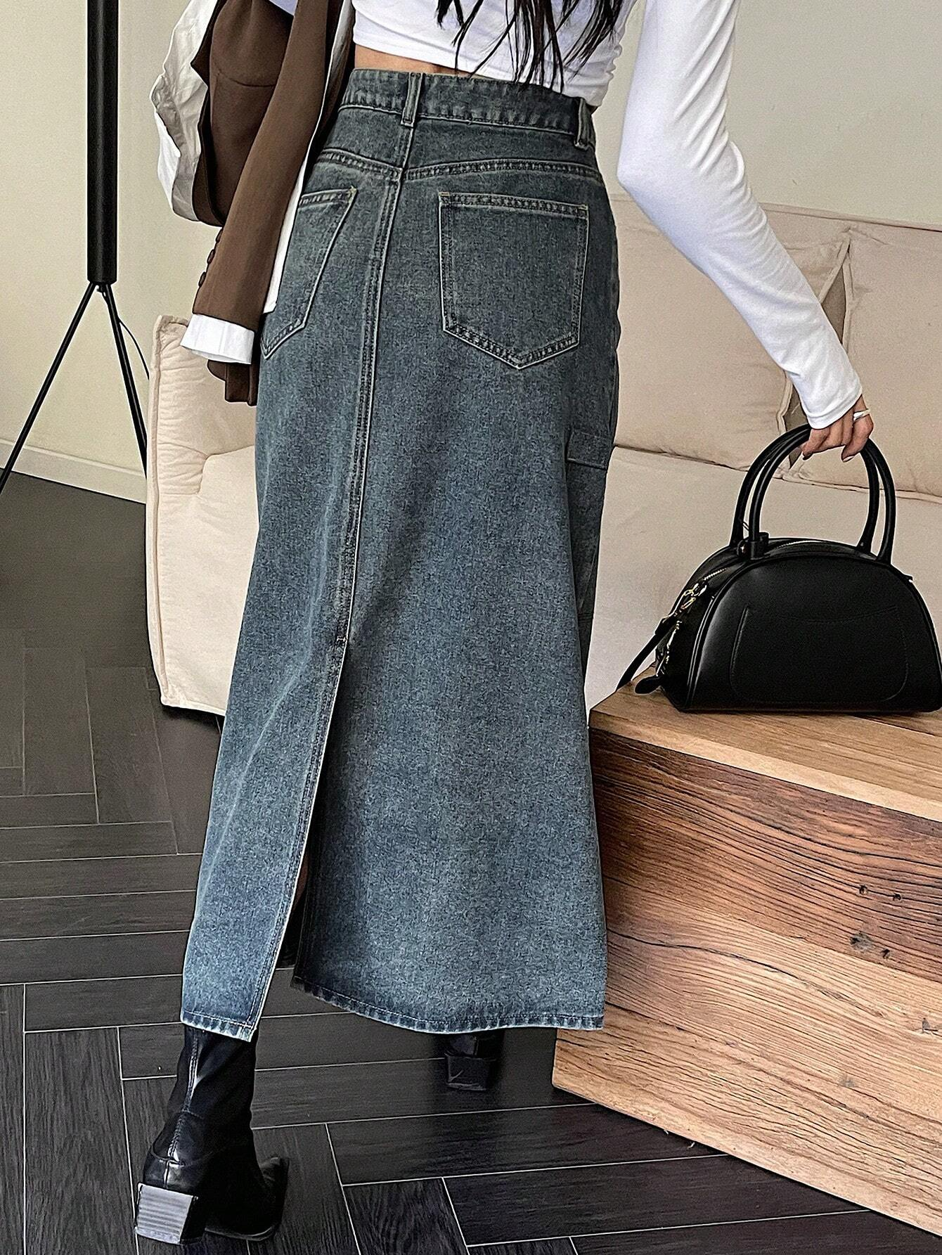 Benimeria-Designer Cargo Long A-Line Denim Skirt Fake Pocket Denime Skirts