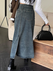 Benimeria-Designer Cargo Long A-Line Denim Skirt Fake Pocket Denime Skirts