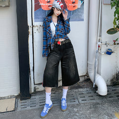 Benimeria-American-style retro loose washed and distressed cropped pants, high street style wide-leg pants with a sense of design.
