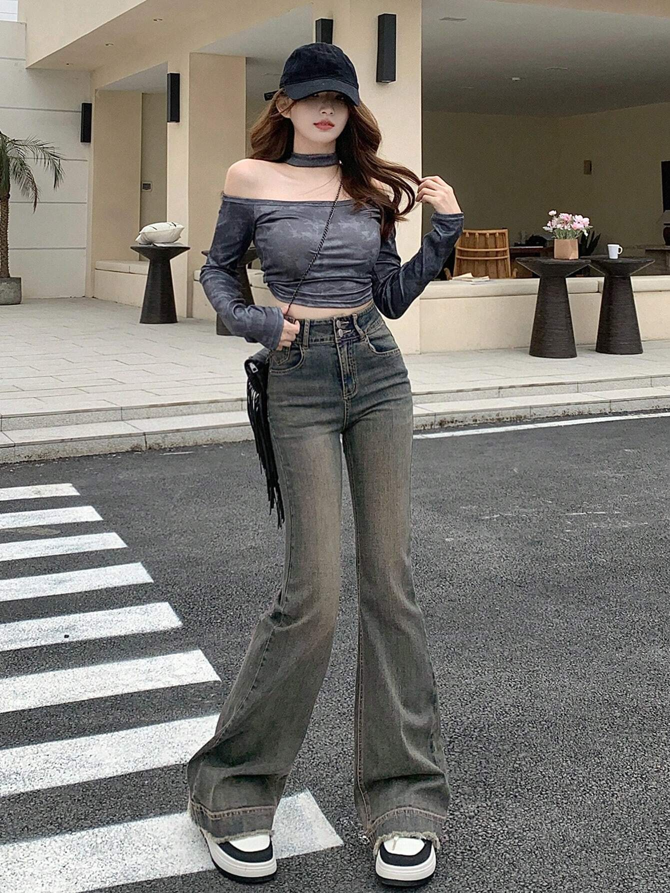 Benimeria-Womens High Waisted Flared Jeans Split Denim Pants