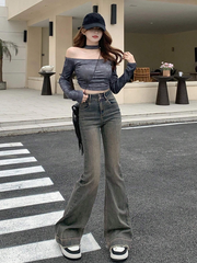 Benimeria-Womens High Waisted Flared Jeans Split Denim Pants