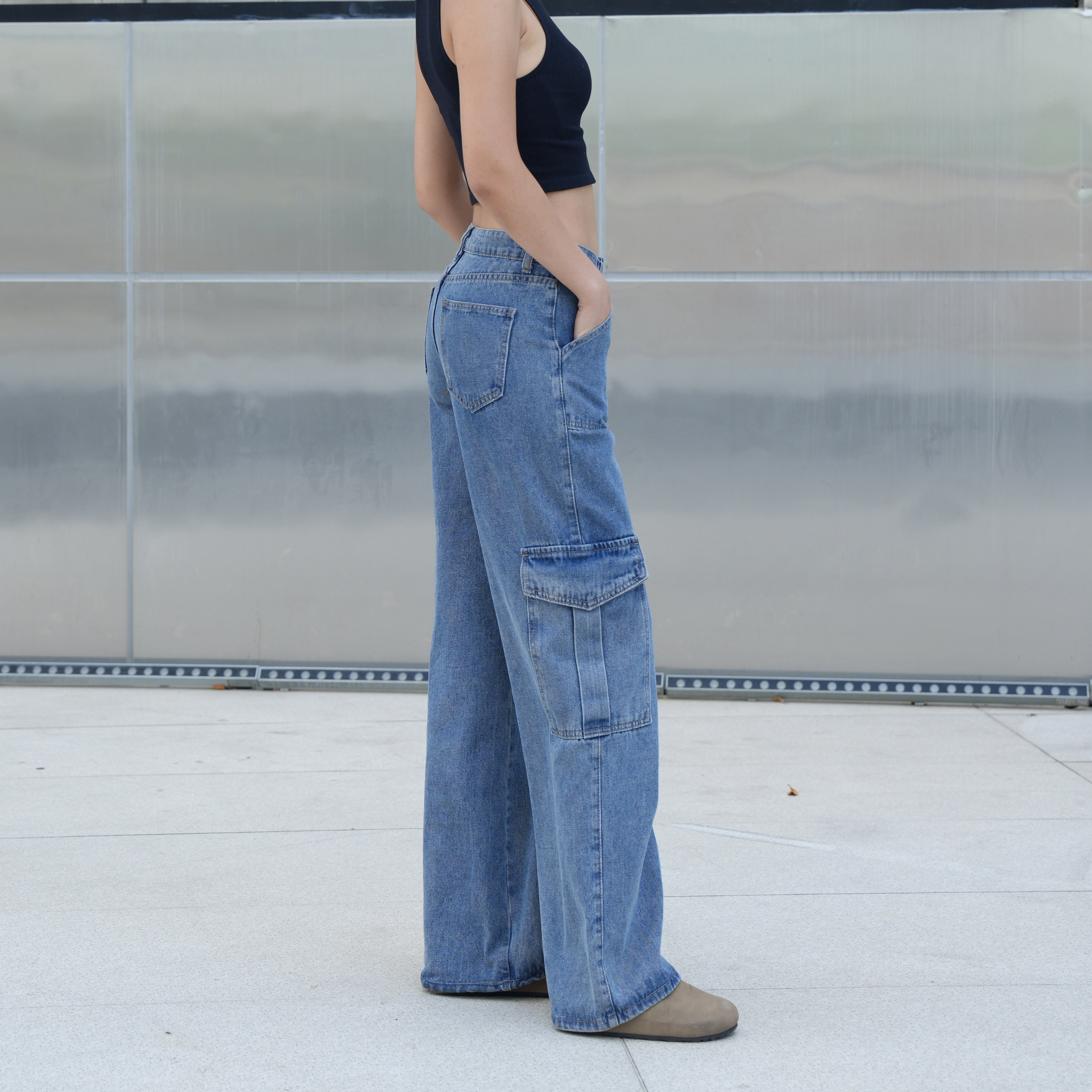 Benimeria-Womens Flip Pocket Loose Wide Leg Jeans