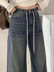 Benimeria-Womens Drawstring Waist Wide Leg Jeans