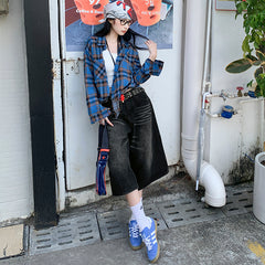 Benimeria-American-style retro loose washed and distressed cropped pants, high street style wide-leg pants with a sense of design.