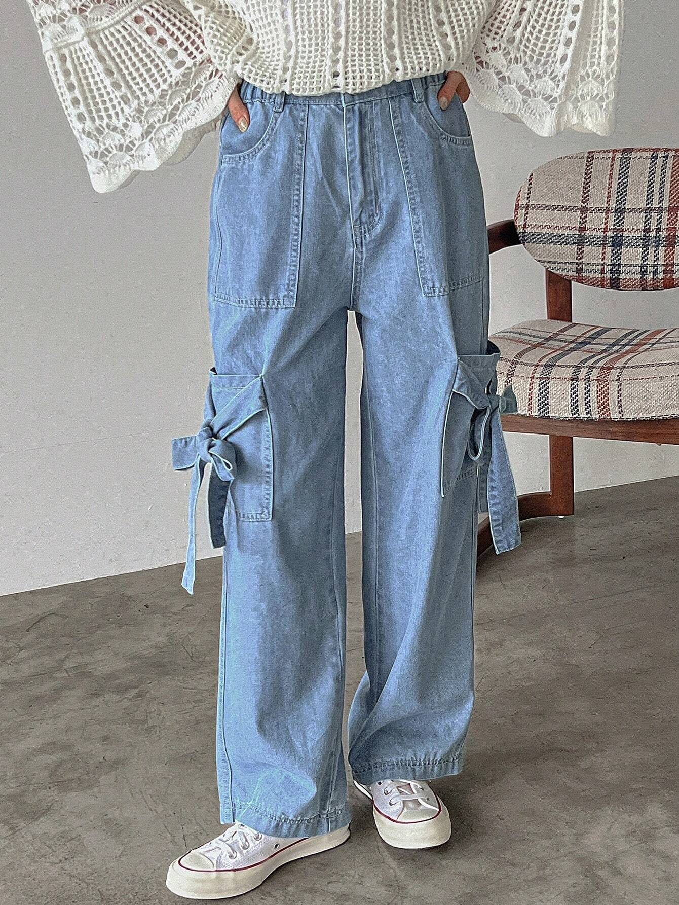 Benimeria-Womens Fashionable Cargo jeans Solid Color Loose Fit Denim Pant