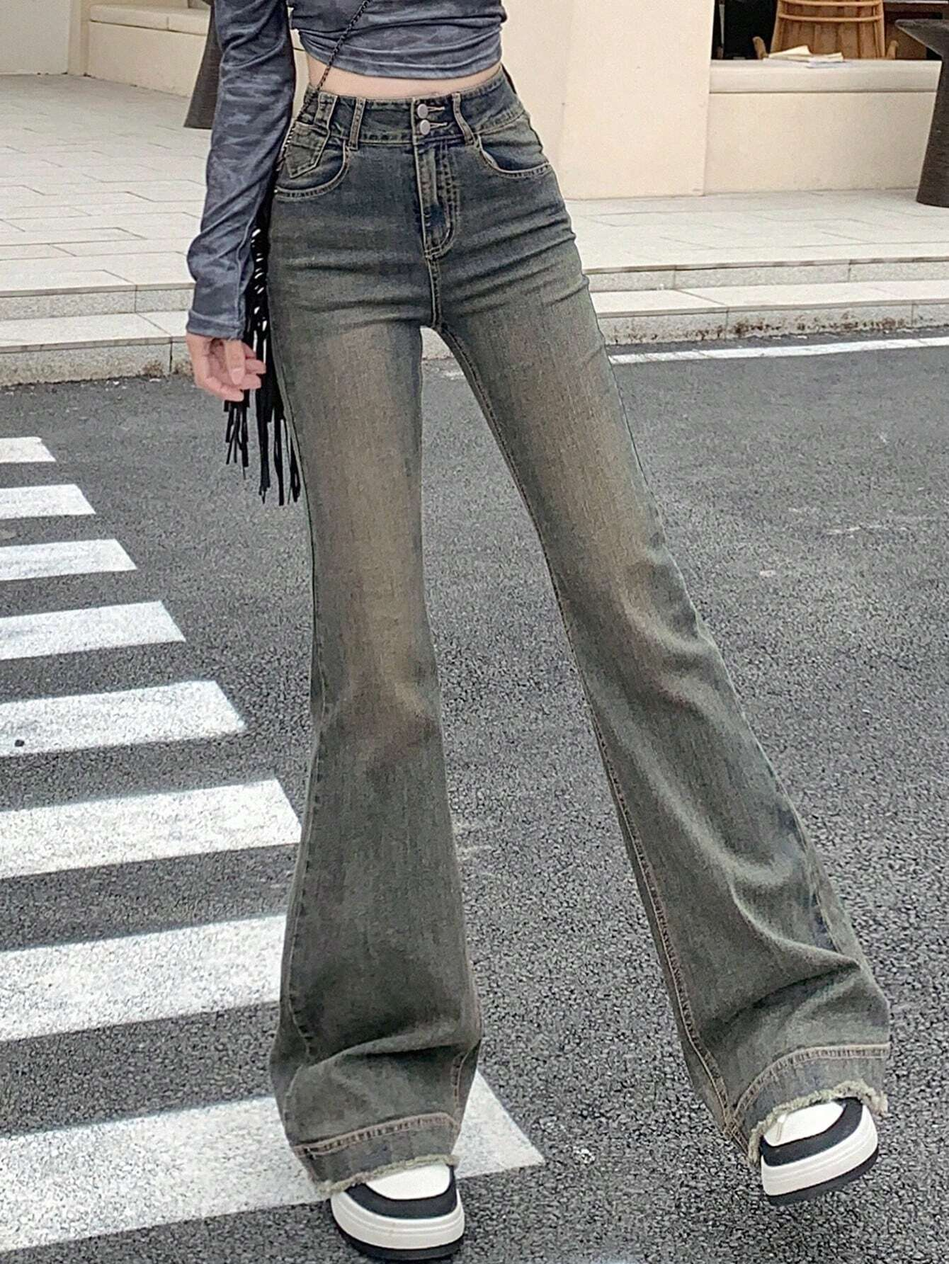 Benimeria-Womens High Waisted Flared Jeans Split Denim Pants