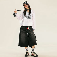 Benimeria-American-style retro loose washed and distressed cropped pants, high street style wide-leg pants with a sense of design.