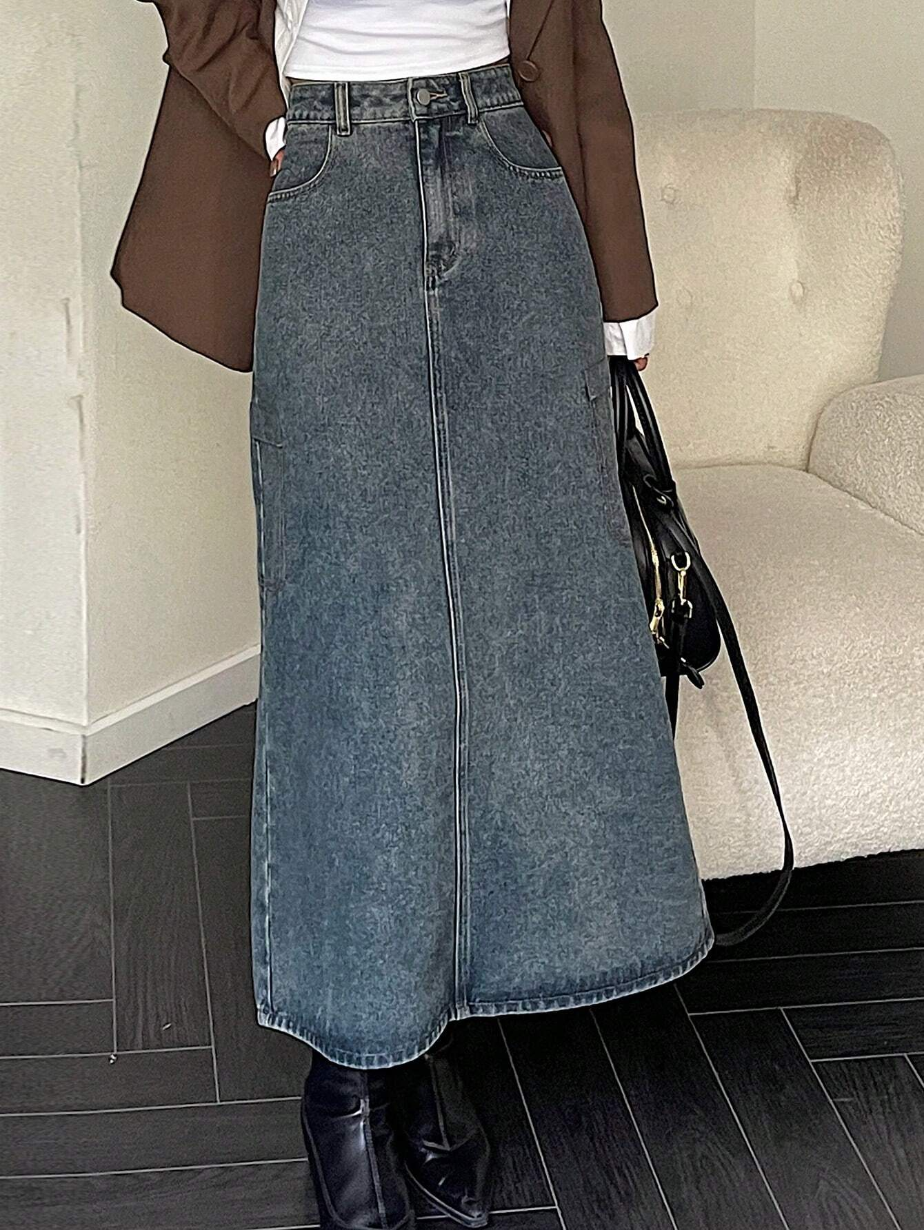 Benimeria-Designer Cargo Long A-Line Denim Skirt Fake Pocket Denime Skirts