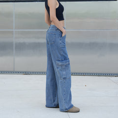 Benimeria-Womens Flip Pocket Loose Wide Leg Jeans