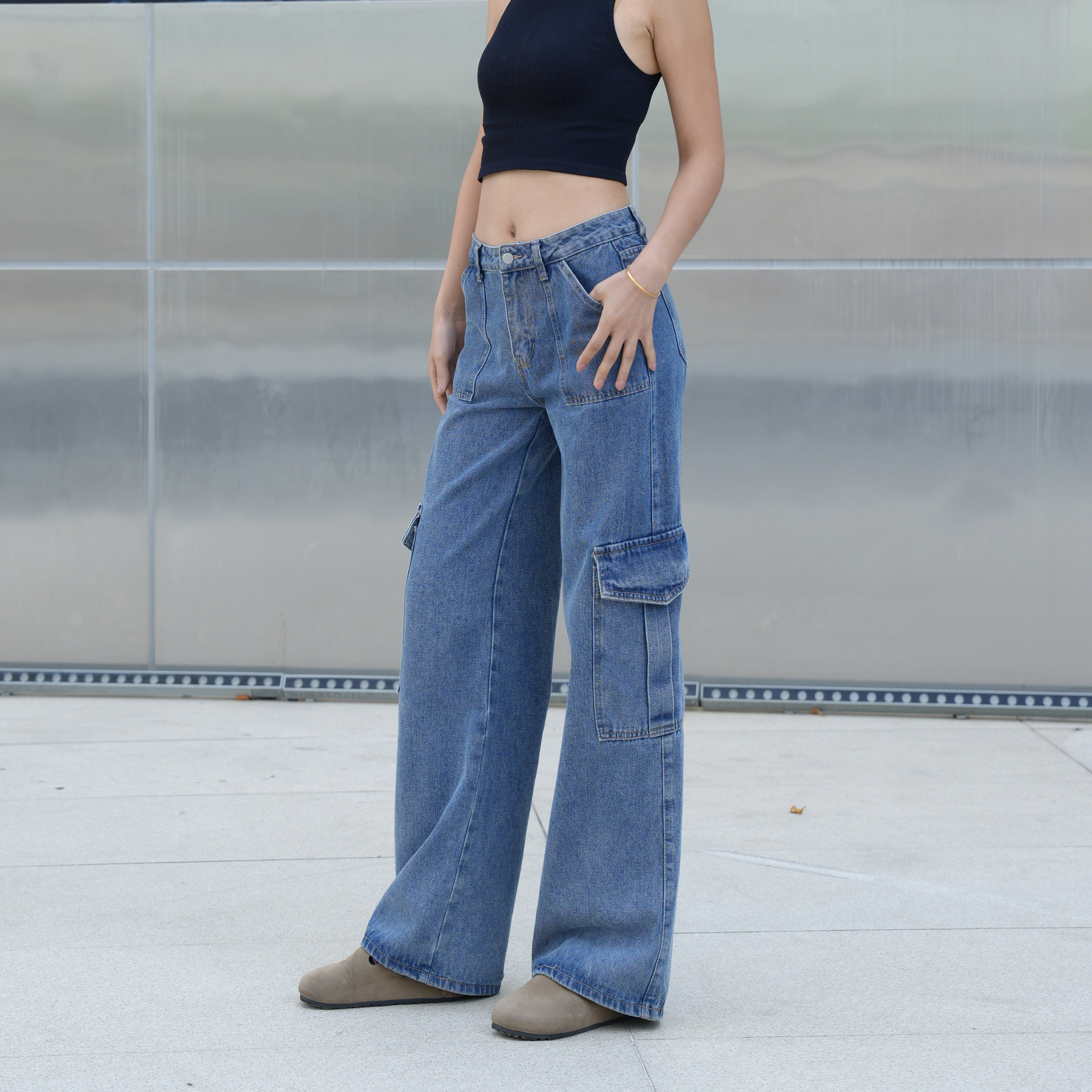 Benimeria-Womens Flip Pocket Loose Wide Leg Jeans