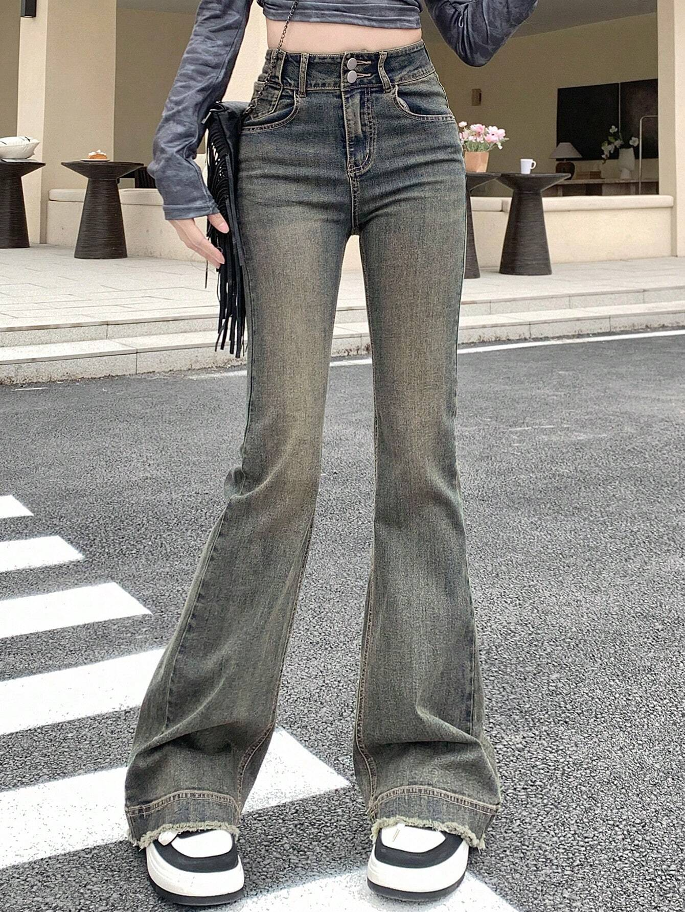 Benimeria-Womens High Waisted Flared Jeans Split Denim Pants