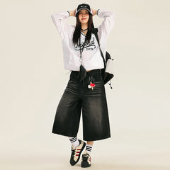 Benimeria-American-style retro loose washed and distressed cropped pants, high street style wide-leg pants with a sense of design.