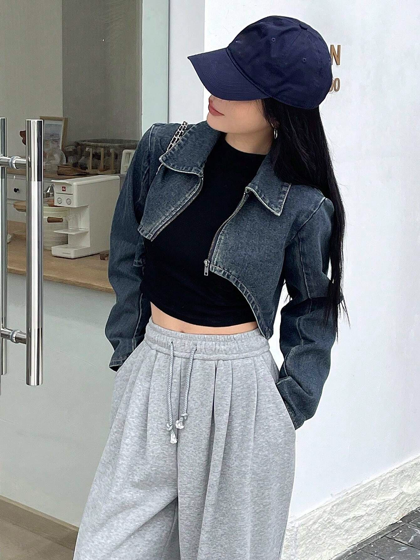 Benimeria-Designer Women_s Zipper Front Cropped Denim Jacket