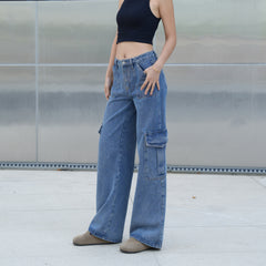 Benimeria-Womens Flip Pocket Loose Wide Leg Jeans