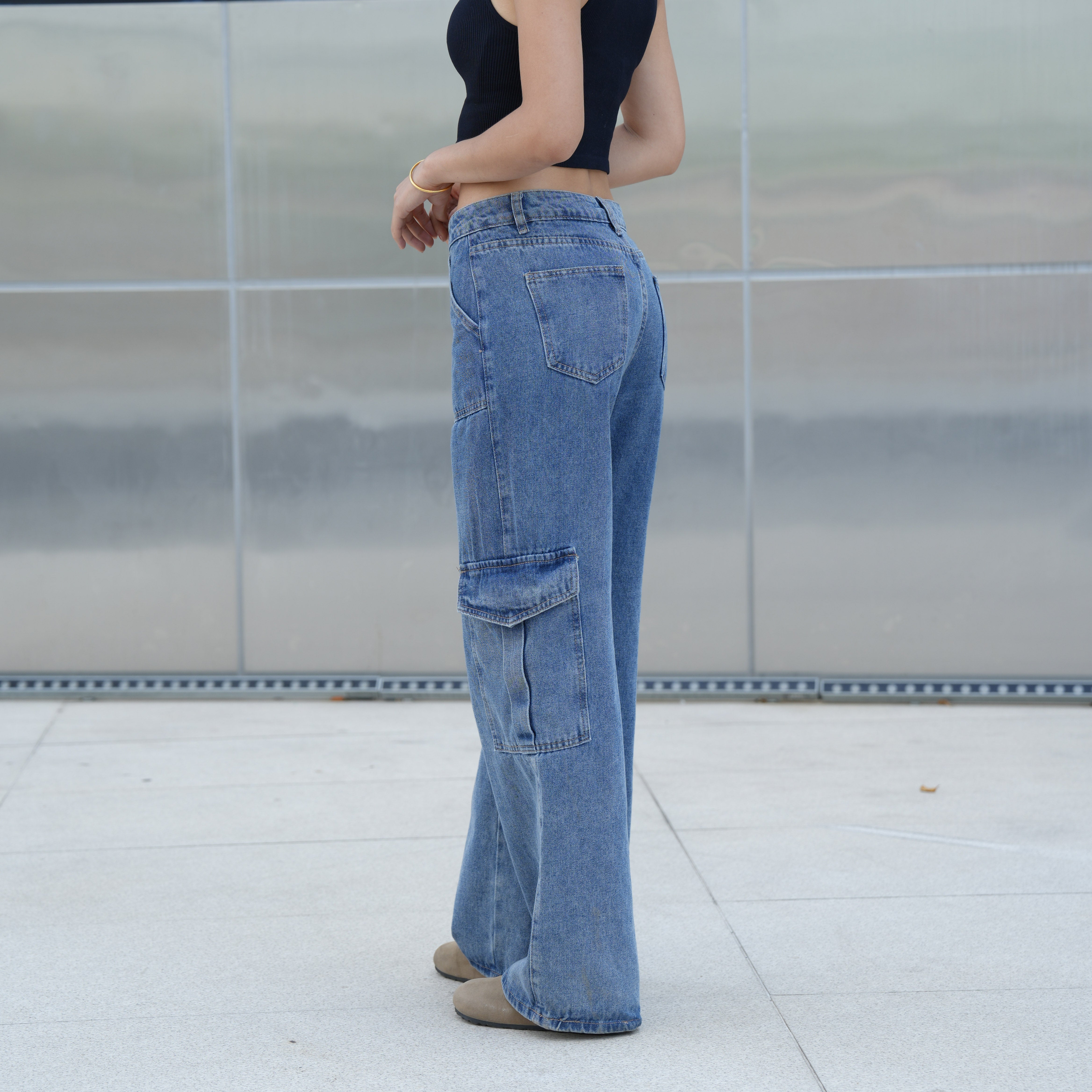 Benimeria-Womens Flip Pocket Loose Wide Leg Jeans