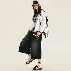 Benimeria-American-style retro loose washed and distressed cropped pants, high street style wide-leg pants with a sense of design.
