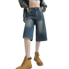 Benimeria-Vintage Hong Kong-style black denim cropped pants - relaxed straight-leg midi length, spring/summer women's fashion