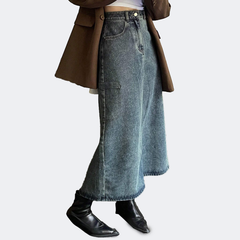 Benimeria-Designer Cargo Long A-Line Denim Skirt Fake Pocket Denime Skirts