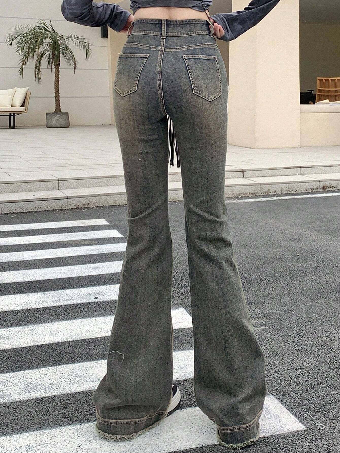 Benimeria-Womens High Waisted Flared Jeans Split Denim Pants