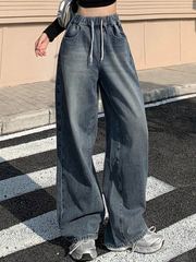 Benimeria-Womens Drawstring High Waisted Jean Wide Leg Denim Streetwear Pant