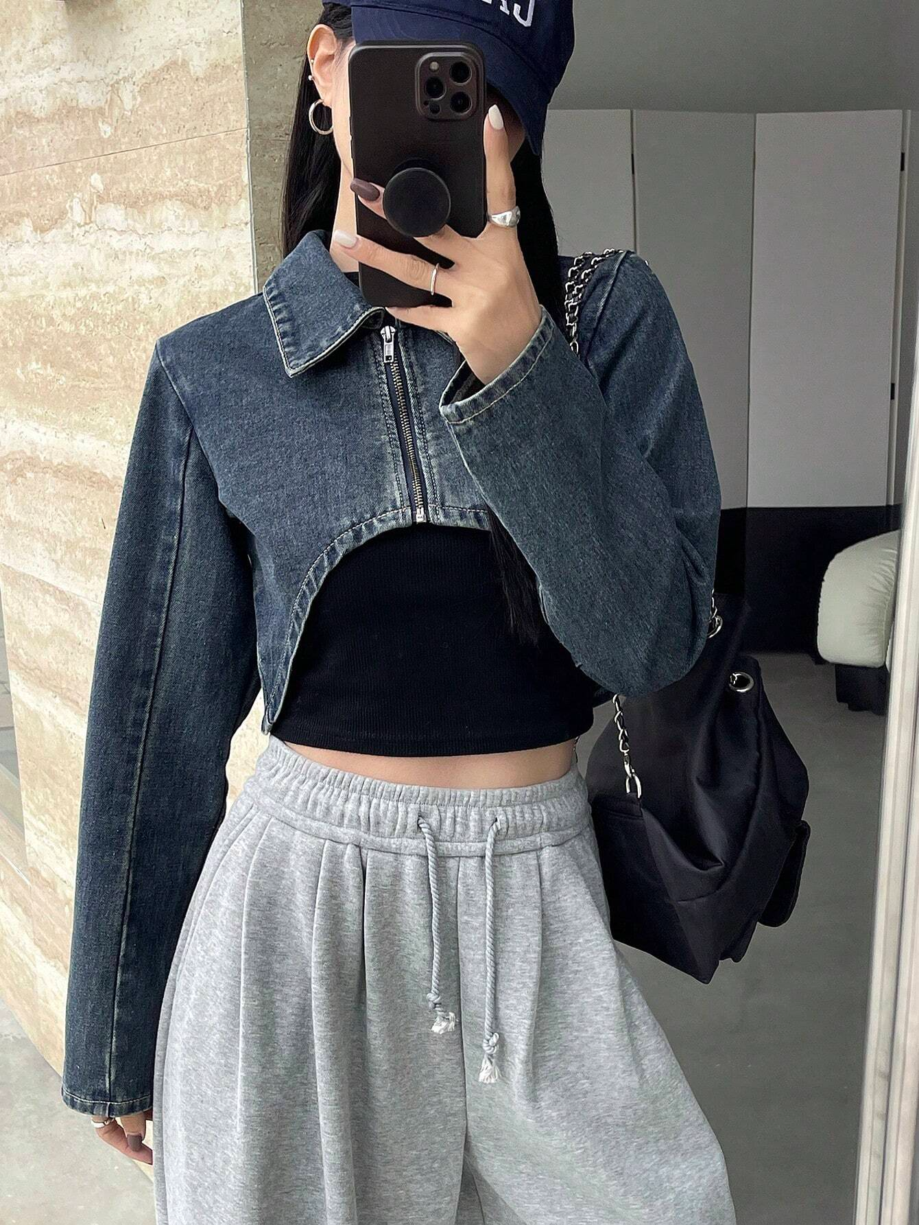 Benimeria-Designer Women_s Zipper Front Cropped Denim Jacket