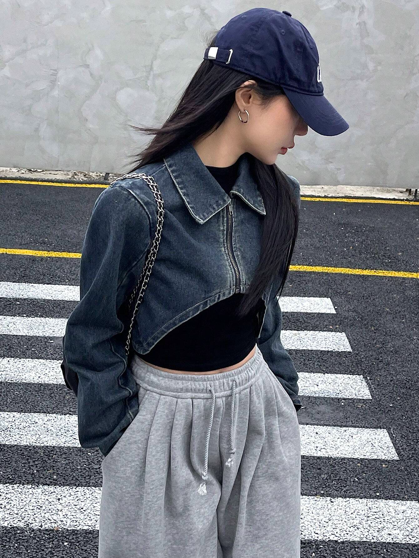 Benimeria-Designer Women_s Zipper Front Cropped Denim Jacket