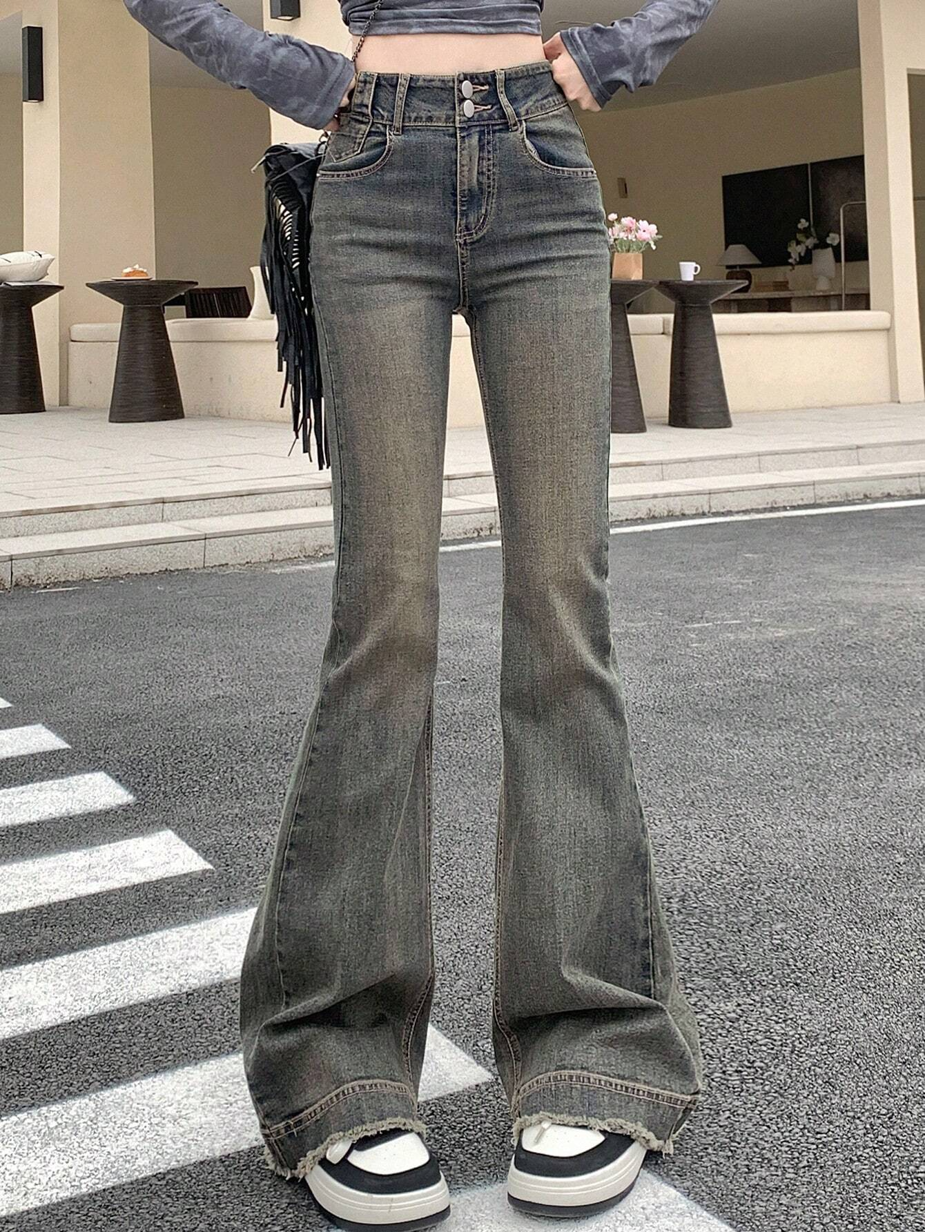 Benimeria-Womens High Waisted Flared Jeans Split Denim Pants