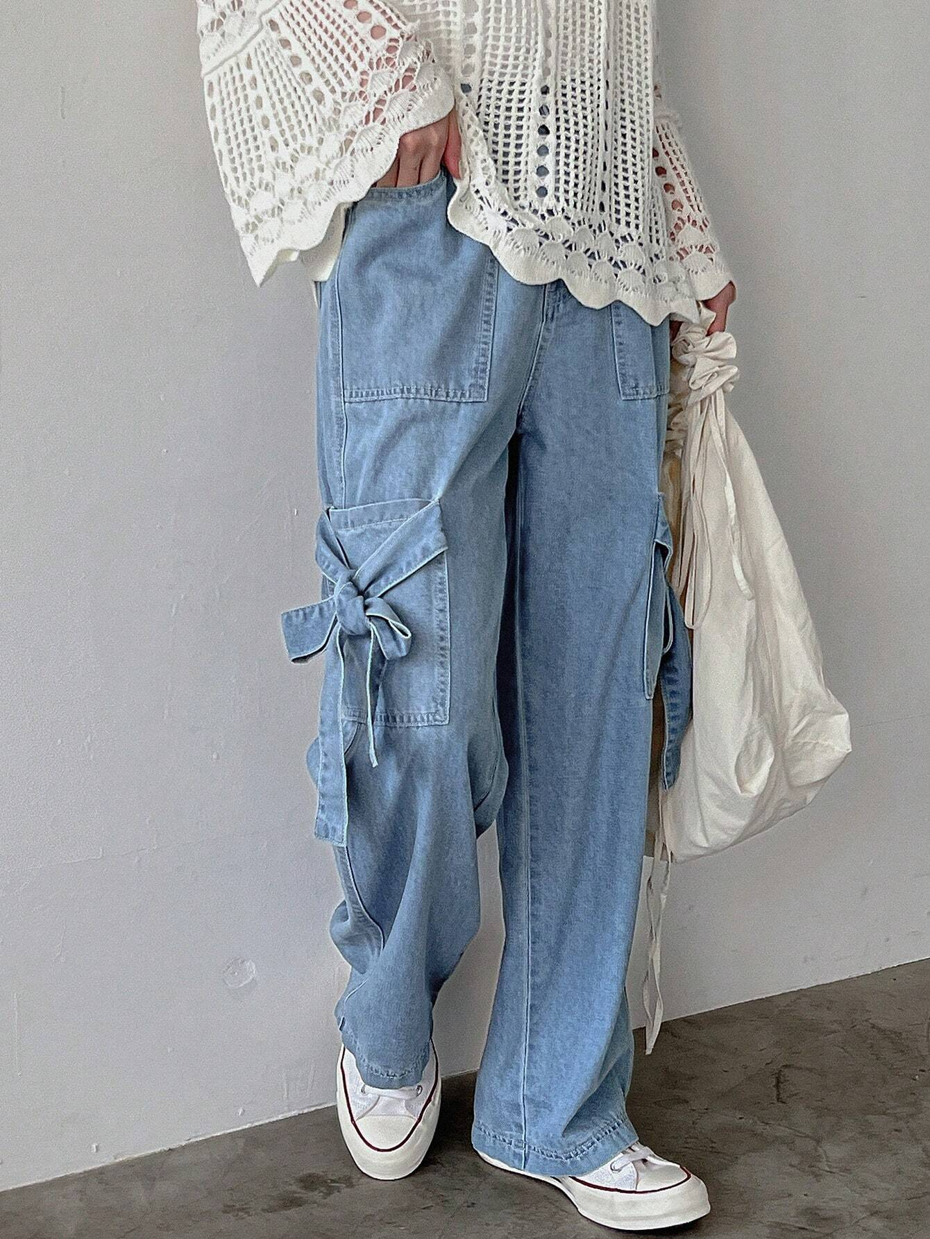 Benimeria-Womens Fashionable Cargo jeans Solid Color Loose Fit Denim Pant