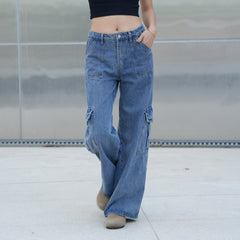 Benimeria-Womens Flip Pocket Loose Wide Leg Jeans