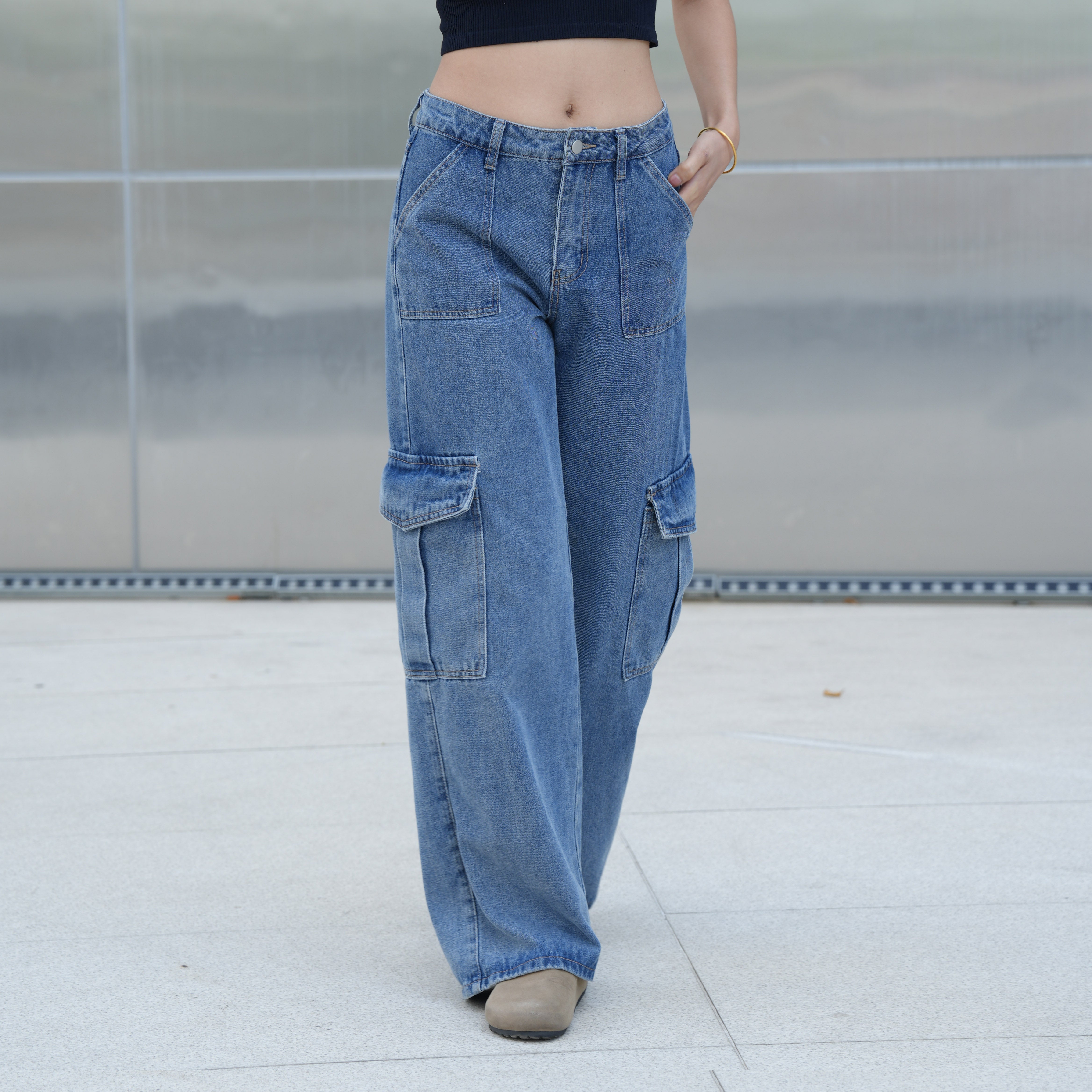 Benimeria-Womens Flip Pocket Loose Wide Leg Jeans