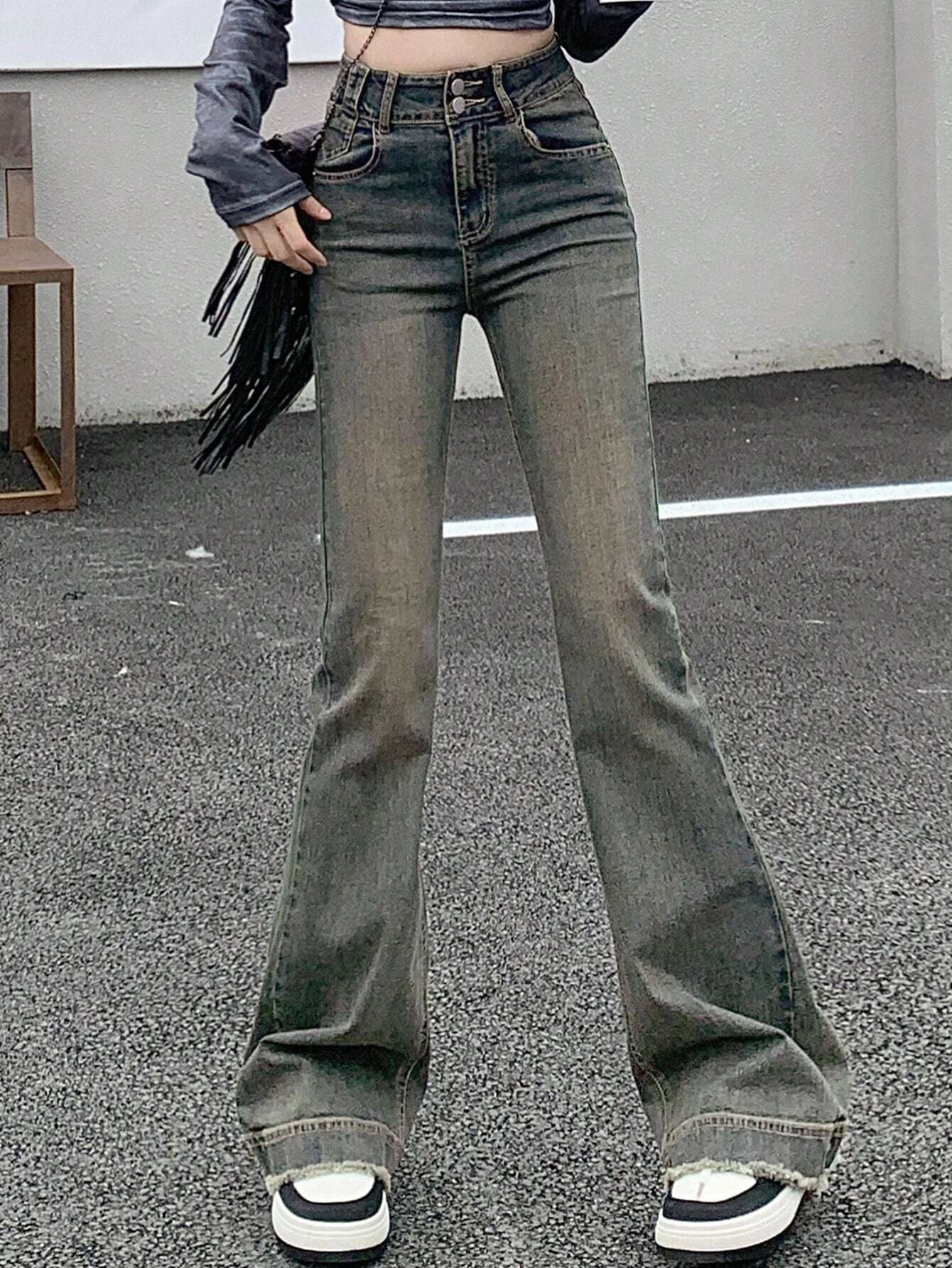 Benimeria-Womens High Waisted Flared Jeans Split Denim Pants