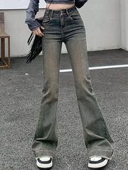 Benimeria-Womens High Waisted Flared Jeans Split Denim Pants